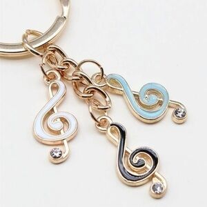 Rhinestone Clef Note Charm Keychain Golden Musical Gift White Blue Black Fob